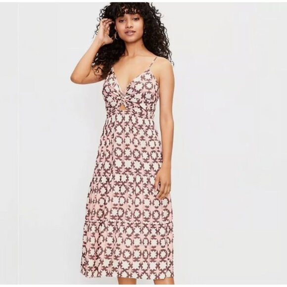 LOFT Sun Washed Floral Batik Print Twist Tiered Midi Sundress Size 4P 26542 - Picture 2 of 13
